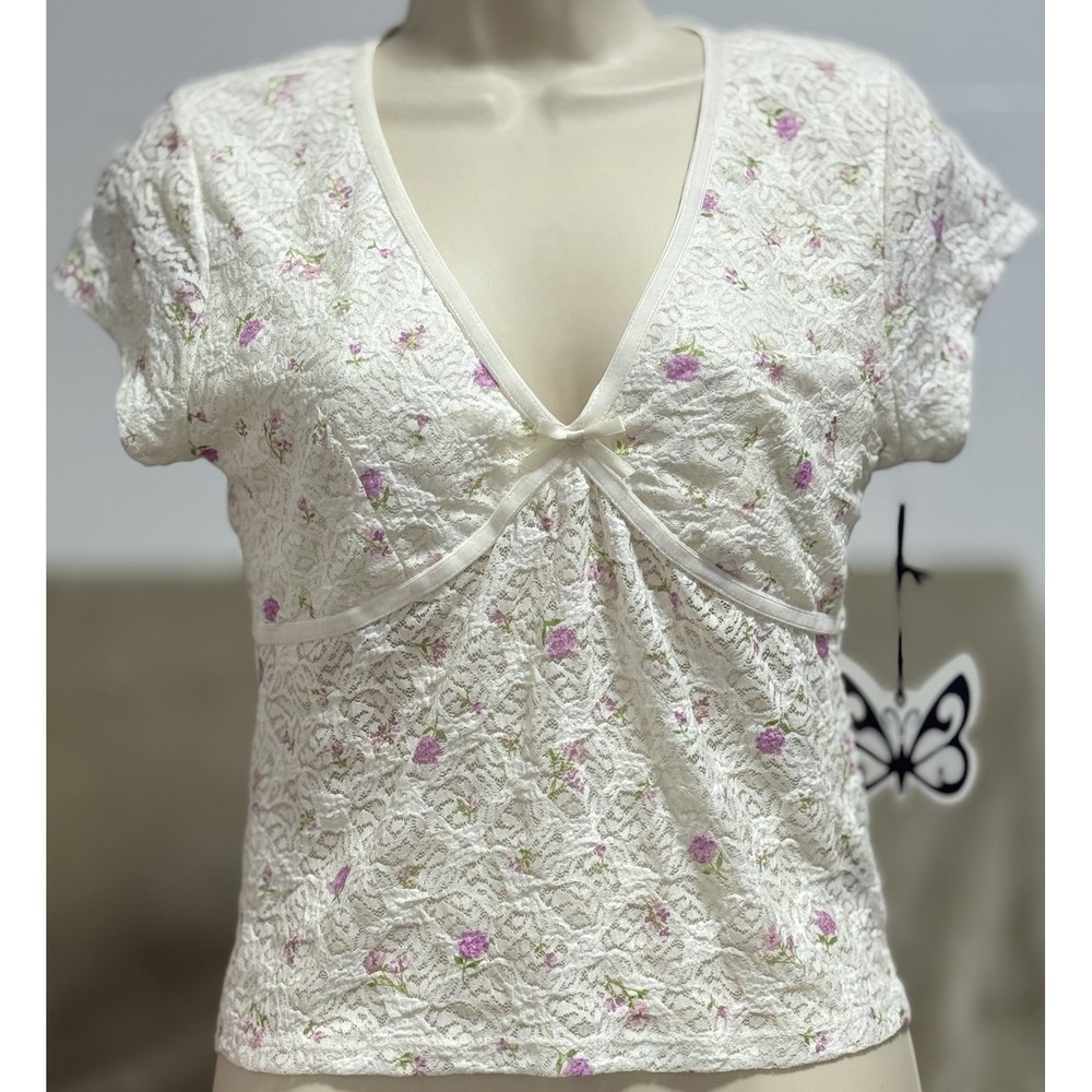 Self Esteem Y2K Top V-Neck Cottage Soft Girl Shirt Floral Blouse Women's L NWT